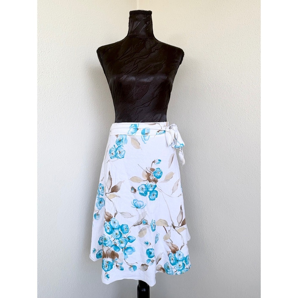 Marianne Floral Ramie Blend‎ Midi Skirt Women L White Blue Cottagecore Spring